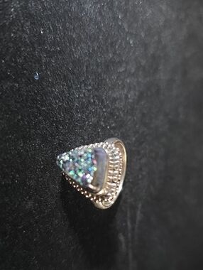 Sterling Silver Triangular Druzy Ring in Iridescent Blue-Green
